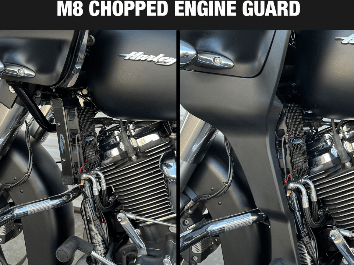Side Mount Oil Cooler for M8 Touring models with “Chopped” Engine Guard or Road Glide “Fairing Spoiler